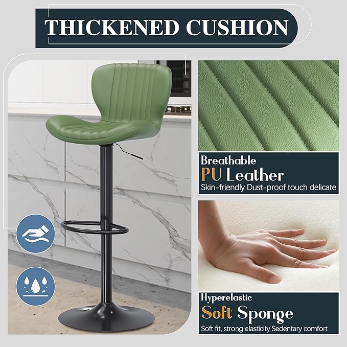 Bar Stools Set of 4, Modern Swivel Bar Stools with Shell Shaped Backrest, Adjustable Counter Height Bar Chairs for Kitchen, Island, Bar, Dining Room, Green