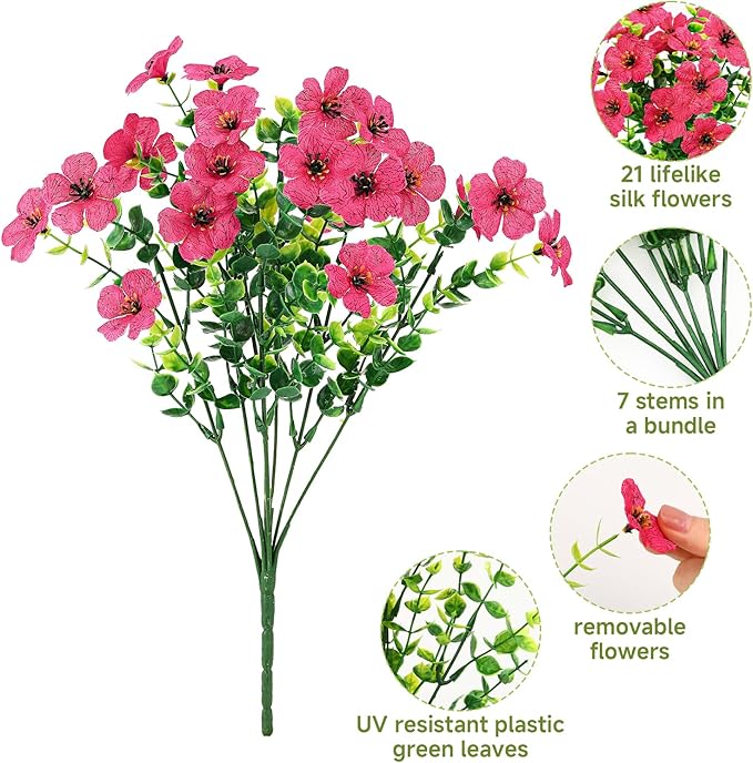 SHareconn 36 Bundles Artificial Flowers for Outdoors, Faux Plants Fake Silk Colorful Daisy Eucalyptus Lavender, UV Resistant for Outside Home Porch Patio Spring Decor, RedRosyPurpleYellowPinkWhite