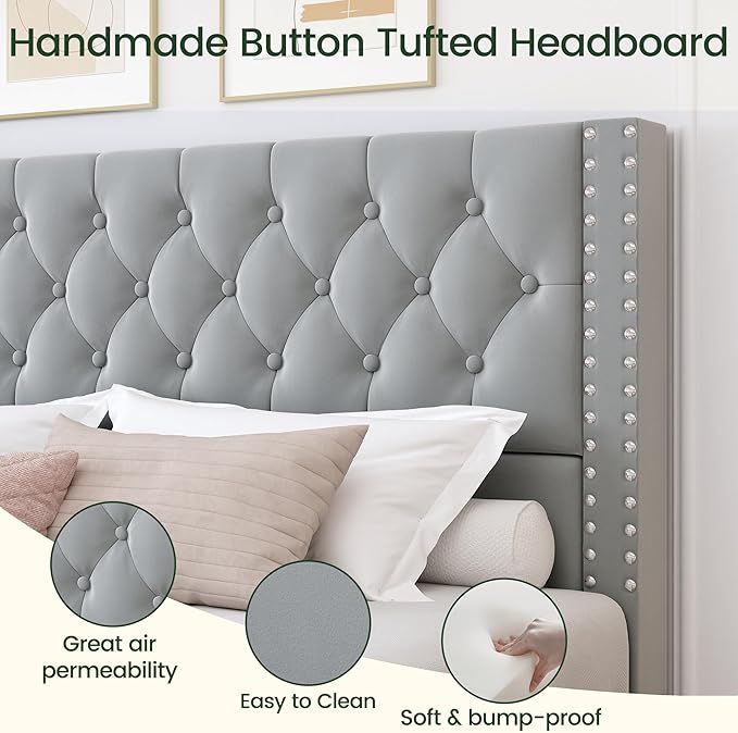 LARMACE King Size Bed Frame with 4 Storage Drawers and Tufted Headboard Velvet Upholstered Platform Bed Frame with Heavy Duty Wood Slats, No Box Spring Needed, Easy Assembly, Bluish Grey