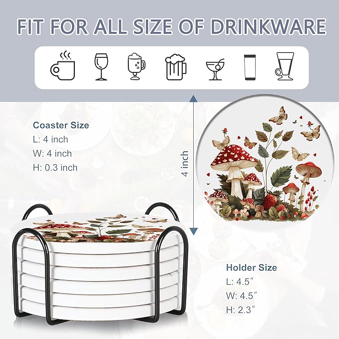 Drink Coasters Set of 6 with Holder, Mushroom Butterfly Absorbent Ceramic Drink Coaster for Tabletop Protection,Suitable for Kinds of Cups,Drinks Coasters for Home Office Decoration(4 Inches)