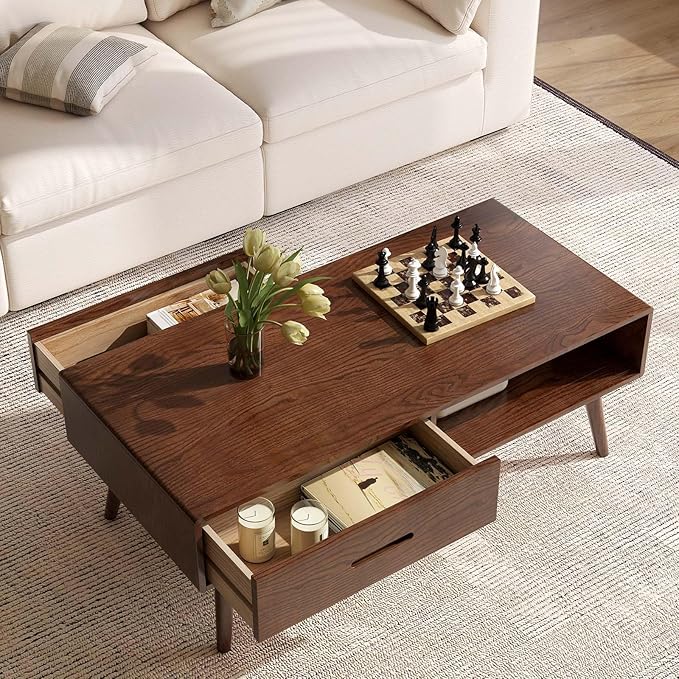 100% Solid Wood Coffee Table with Storage, Mid Century Modern Coffee Tables for Living Room, 39.37" W Coffee Table with 2 Drawers for Home (Oak Walnut Colour)