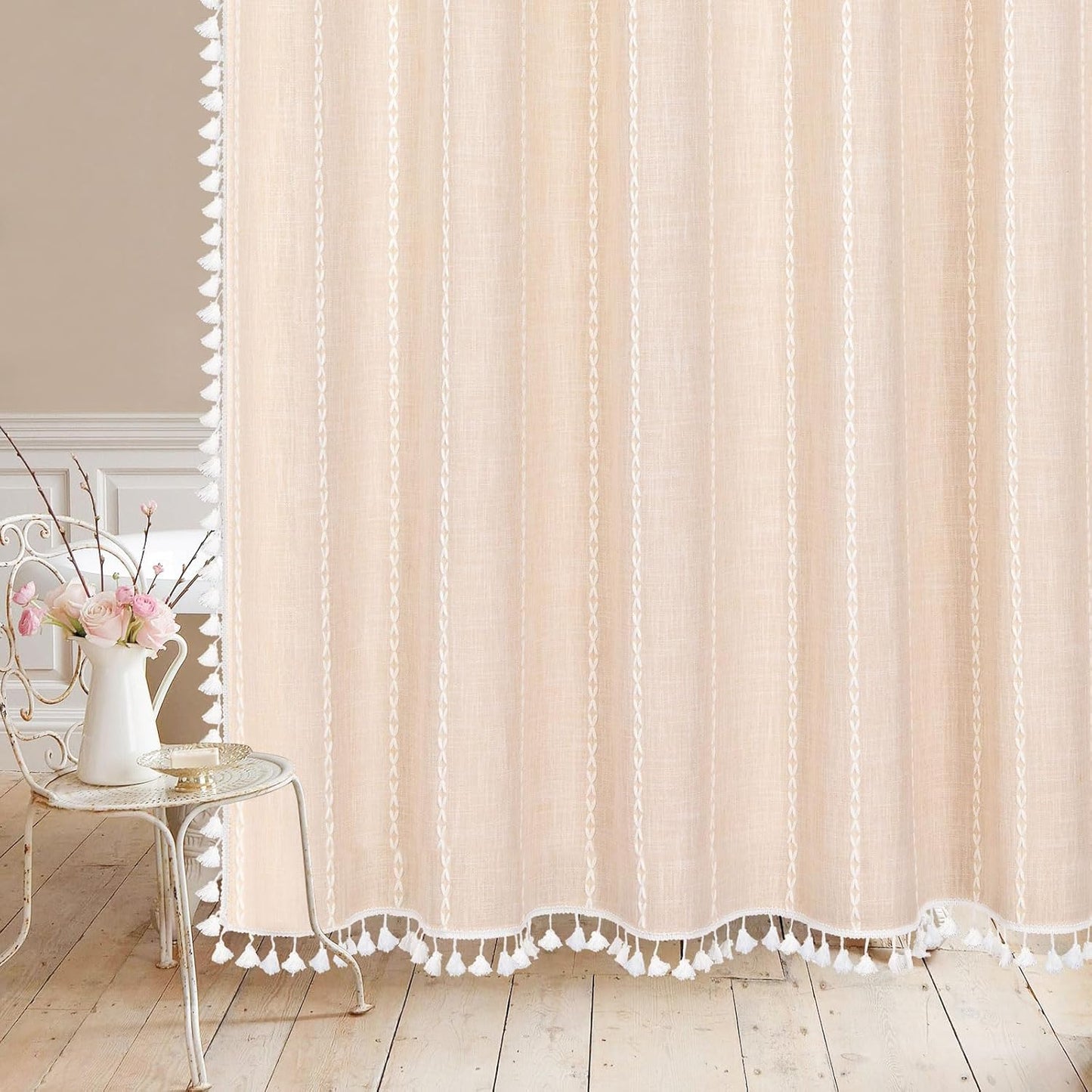 MitoVilla Beige Boho Long Shower Curtain 72 x 78, Cream Farmhouse 78 inch Long Polyester Linen Fabric Shower Curtains with Tassel for Chic Cottagecore French Country Bathroom Decor