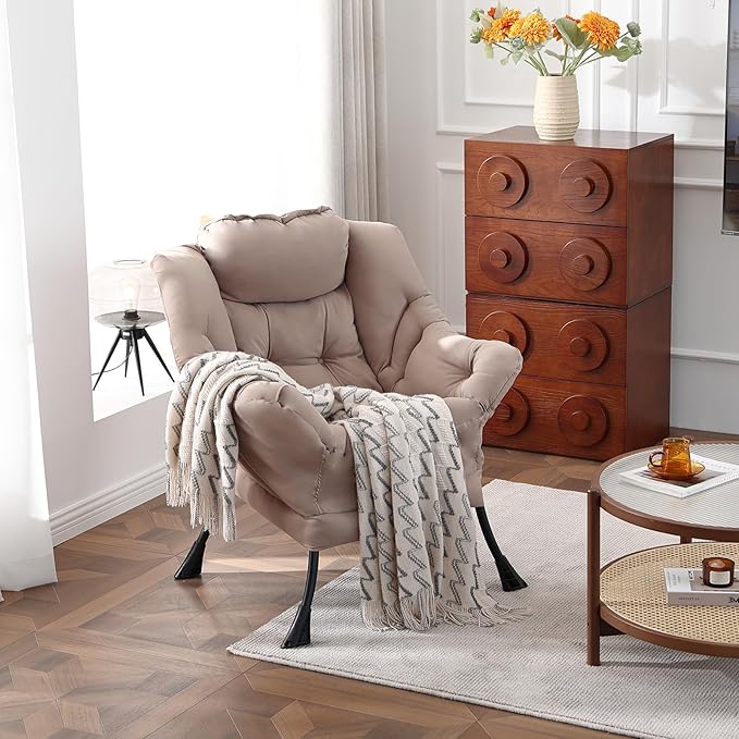 Welnow Lazy Chair for Living Room, Modern Reading Lounge Accent Chair with Armrests and a Side Pocket, Leisure Upholstered Lazy Sofa for Small Space, Bedroom, Dorm, Khaki
