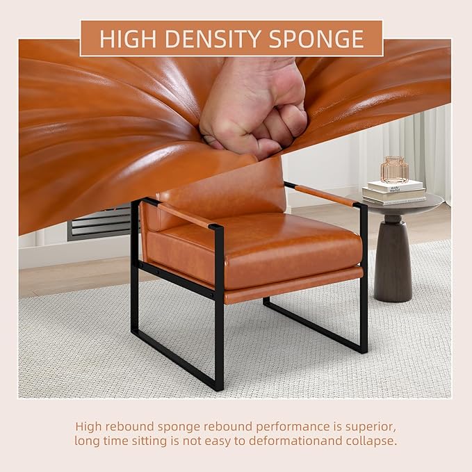 Phoenix Home Mid Century Modern Faux Leather Accent Chair, Metal Framed Armchair with Extra Soft Removable Seat Cushion & Backrest for Living Room Bedroom Waiting Room, Easy to Clean, Brown