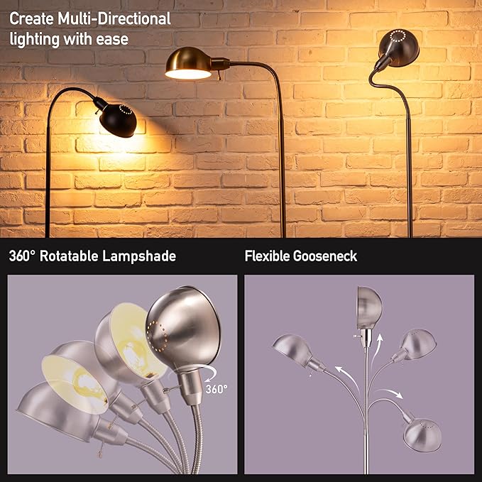 O'Bright Nova - Adjustable Floor Lamp with Flexible Gooseneck and Rotatable Shade, E26 Socket, 10-Inch Base - Ideal for Reading, Bedside, Living Room, Brushed Nickel