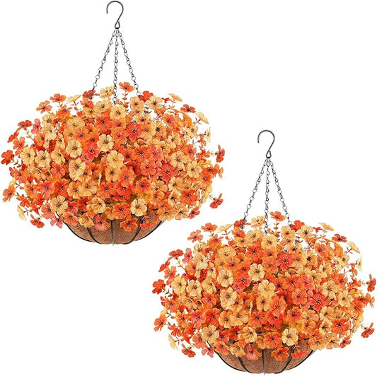 Artificial Fall Flowers Hanging Plants in Basket, Artificial Hanging Flowers for Autumn Outdoor Indoor Decor, UV Resistant Hanging Baskets with Fake Flowers for Fall Patio Garden Porch Deck Decoration