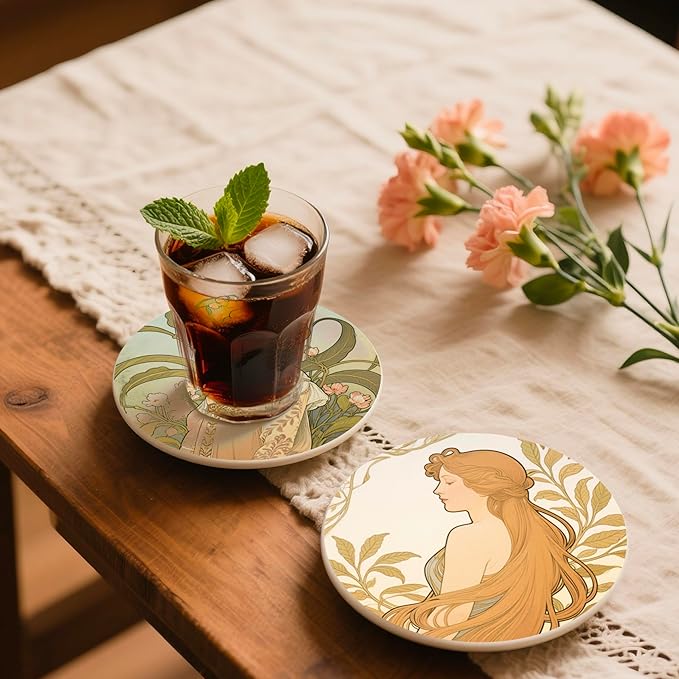Mucha Style Vintage Floral Woman Coasters Set of 6 with Holder, Absorbent Ceramic Drink Coasters for Home, Office Gifts
