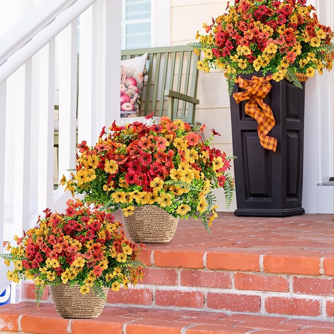 Artificial Faux Plants Flowers Outdoor Decoration,18 Bundles Fake Silk Colorful Daisy Eucalyptus Realistic UV Resistant for Outside Home Planter Porch Patio Yard Decor (Yellow Red)