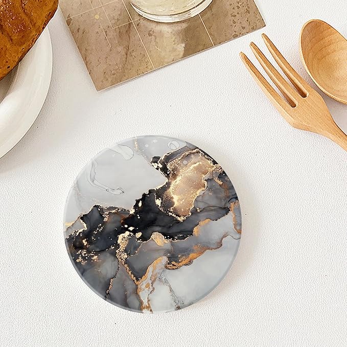 Ceramic Drink Coasters Set of 4 with Holder Round Water Absorbent Grey Gold Fashion Marble Coasters Tabletop Protection (Cork Base),Suitable for Various Mugs,Home Decor,4 Inch
