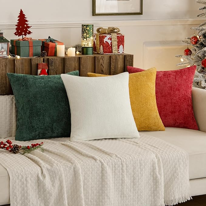 MIULEE Christmas Pack of 4 Couch Throw Pillow Covers 18x18 Inch Christmas Red/Green Soft Decorative Chenille Pillow Covers Farmhouse Accent Cushion Covers for Boho Home Decor Sofa Bedroom Living Room