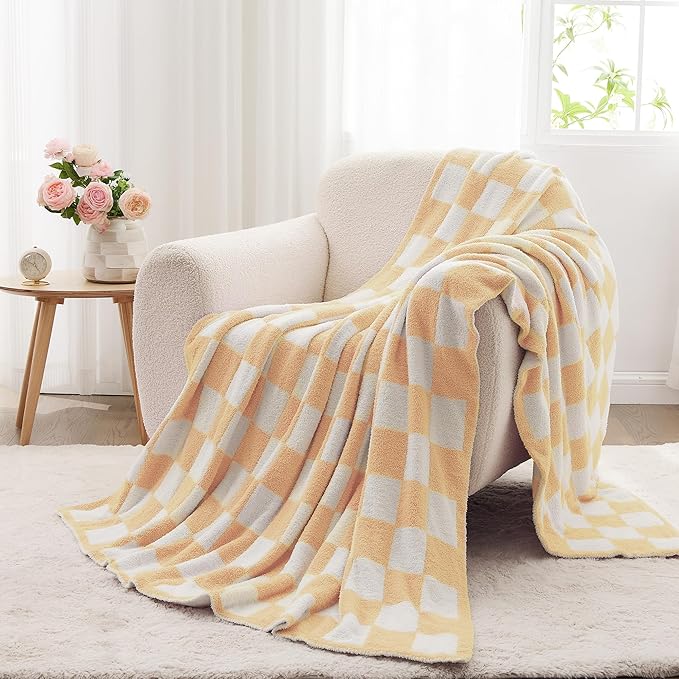 JOOJA Soft Cozy Checkerboard Peach Blanket Fluffy Knit Throw for Couch Plaid Checkered Blanket Peach 50x60 in