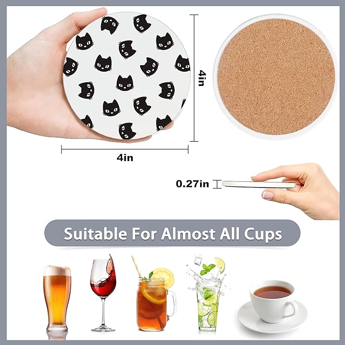 Drink Coasters Set of 6 with Holder,Cute Black Cat Absorbent Ceramic Coasters with Cork Base,Fit All Cups,Tabletop Protection Mat for Mugs and Cups,Office,Kitchen