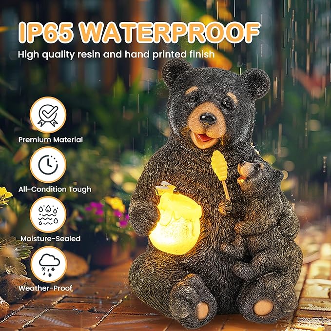 GIGALUMI Solar Garden Statues Loving Bear Figurine Lights for Outside, Yard Decorations Outdoor, Garden Decor Unique Birthday Housewarming Gifts for Mom, Women, Black