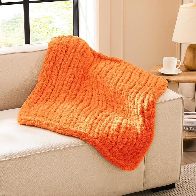 L'AGRATY Chunky Knit Blanket Throw: 30''x40'' Chenille Chunky Knitted Throw Blanket for Bed Couch - Handmade Thick Big Cable Knit Blankets - Large Crochet Rope Blankets for Home Decor(Orange)
