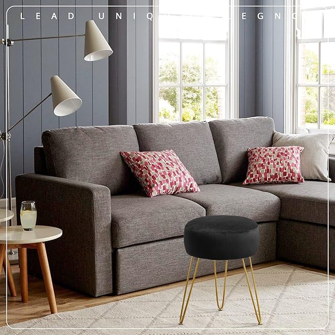 LUE BONA Vanity Stool, Black Vanity Stools for Makeup Room, Round Ottoman Foot Stool, Velvet Footrest Vanity Chair for Bathroom Vanity, Bedroom, Living Room, Entryway, Offices