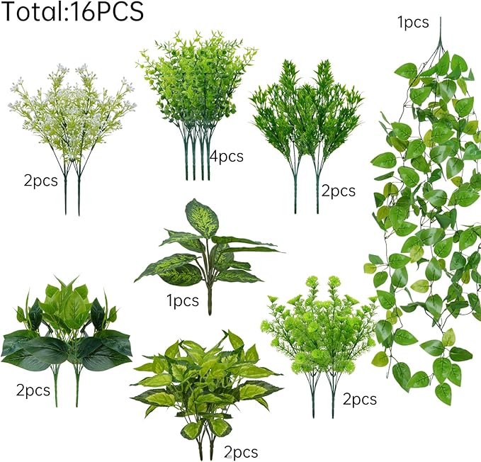 Faux Greenery for Outdoor Planters, 16 Bundles Realistic Fake Green Plastic Plants Artificial Bushes Decor Greenery for Outdoors UV Resistant for Garden Patio Porch Window Box