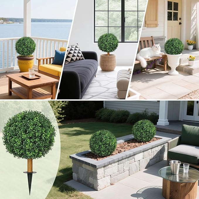 25.6'' Artificial Plants Outdoor with Spike, UV Resistant Boxwood Topiary Ball Fake Plants, Outdoor Faux Plants for Balcony Yard Garden Entryway Front Door Decor Home Decor Porch Decor, 2 Pack