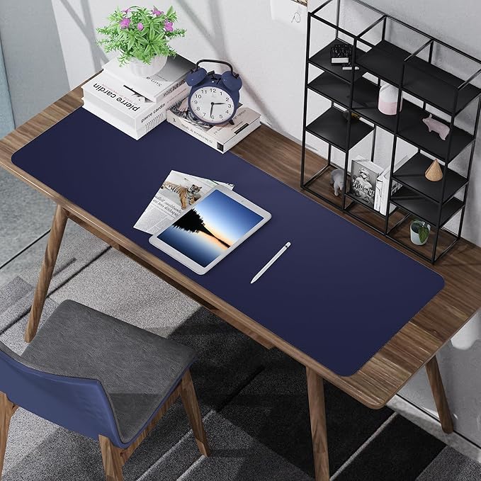 AFIING Leather Desk pad Protector, Large Non-Slip Office Desk Mat with Natural Cork & PU Leather, Waterproof Writing Mouse Pad for Office and Home (55in*17in,Blue)