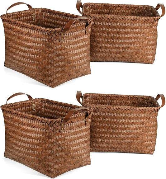 15L Laundry Baskets Waterproof Storage Baskets For Shelves Large Laundry Hamper With Leather Handle -set of 4 Cube Organizers Woven Bins for Bathroom,Bedroom,Pantry,Clothes,Car & Towels-Brown
