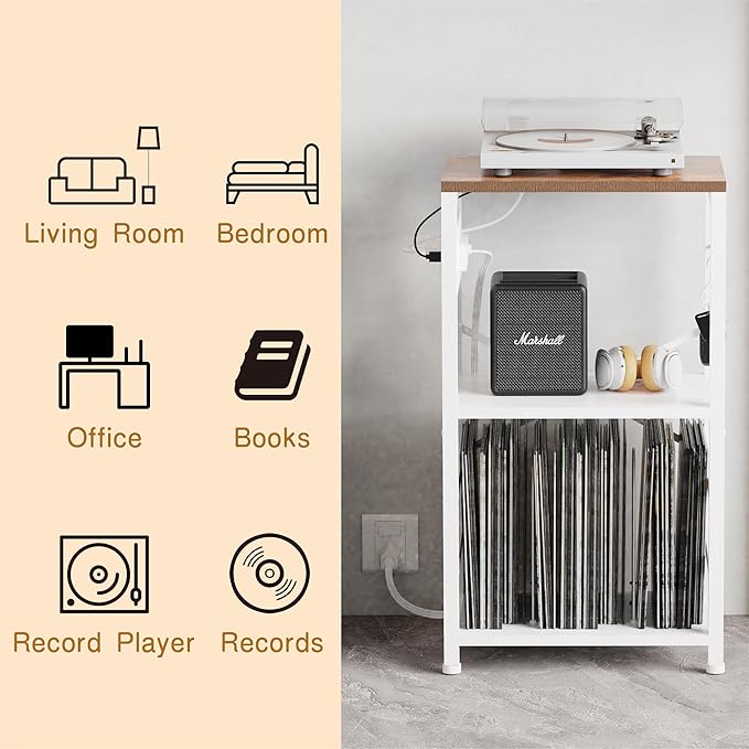 End Table with LED Light,Record Player Stand with Charging Station,Vinyl Records Storage,Turntable Stand Albums Storage for Music Room Studio-Industry White