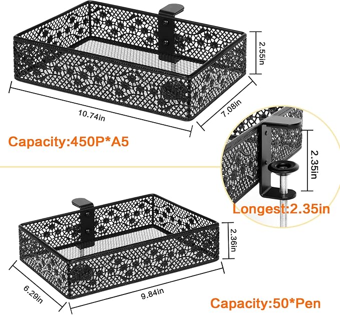 Under Desk Storage Organizer for Reduced Clutter, Drawer organizers C-Clamp Mount System Firmly Clamped And Do Not Hurt The Table, Easy to Install & holds up to 8 lbs-2 Pack (Large and Small)