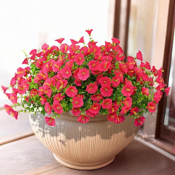 16 Bundles Artificial Flowers Outdoor Spring Summer Decoration Fake Silk Colorful Daisy Eucalyptus Realistic UV Outside Faux Plants for Garden Porch Window Box Home Decor Morning Glory Rose Red