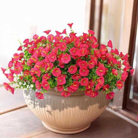 16 Bundles Artificial Flowers Outdoor Spring Summer Decoration Fake Silk Colorful Daisy Eucalyptus Realistic UV Outside Faux Plants for Garden Porch Window Box Home Decor Morning Glory Rose Red