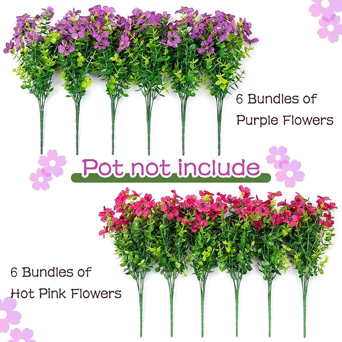 Artificial Flowers for Outdoors,Faux Flowers Daisy with Eucalyptus Leaves for Indoor Garden Home Decoration,UV Resistant Artificial Flower Fake Plants for Porch Patio, 12 Bundles (Purple Pink)