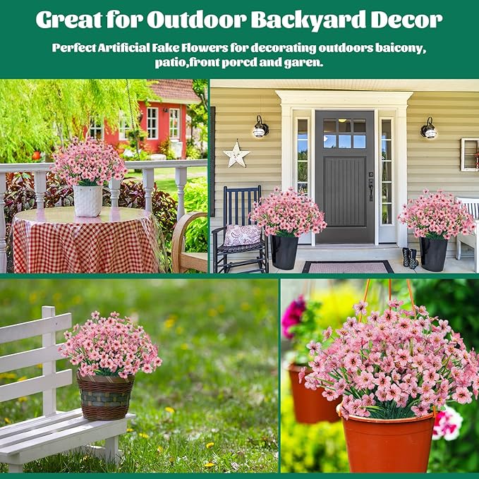 Lnoicy 12 Pcs Artificial Flowers for Outdoor,Plastic Flowers Decoration, UV Resistant Faux Flowers Shrubs, Artificial Plants for Indoor Outside Garden Home Wedding Farmhouse（Pink）