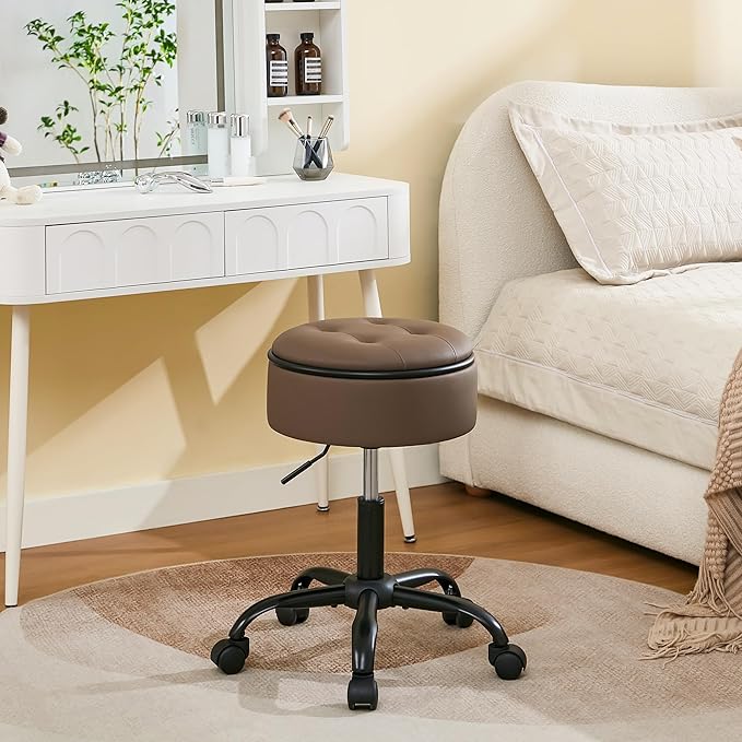 Rolling Salon Stool, Adjustable Tattoo Stool 20.67’’-24.61’’, Coffee Brown Esthetician Swivel Chair