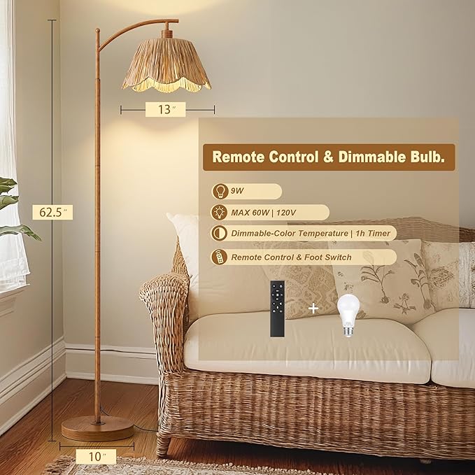Oneach Boho Floor Lamp for Living Room with Remote & Dimmable Bulb, Farmhouse Floor Lamps with 3 Color Temperatures, Rattan Floor Lamp for Bedroom, Walnut