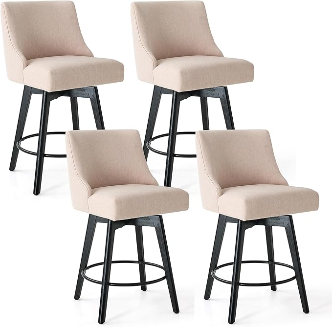 Vipbear Counter Height Bar Stools Set of 4, 26" H Swivel Bar Stools with Backs, Linen Fabric Upholstered Bar Chairs with Solid Wood Legs for Kitchen Island, Dining Room, Home Bar, Beige