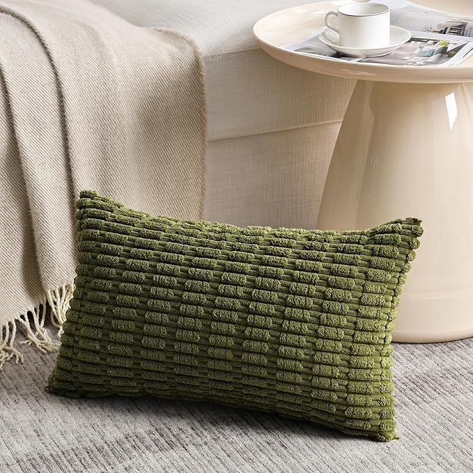 Fancy Homi 4 Packs Boho Moss Green Decorative Throw Pillow Covers 12x24 Inch for Couch Bed Sofa, Rustic Modern Farmhouse Home Decor, Soft Plush Corduroy Cute Rectangle Cushion Case 30x60 cm