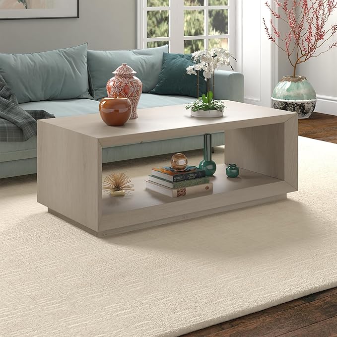 Henn&Hart 48" Rectangular Coffee Table with Open Storage Shelf for Living Room, Family Room, or Office, Alder White