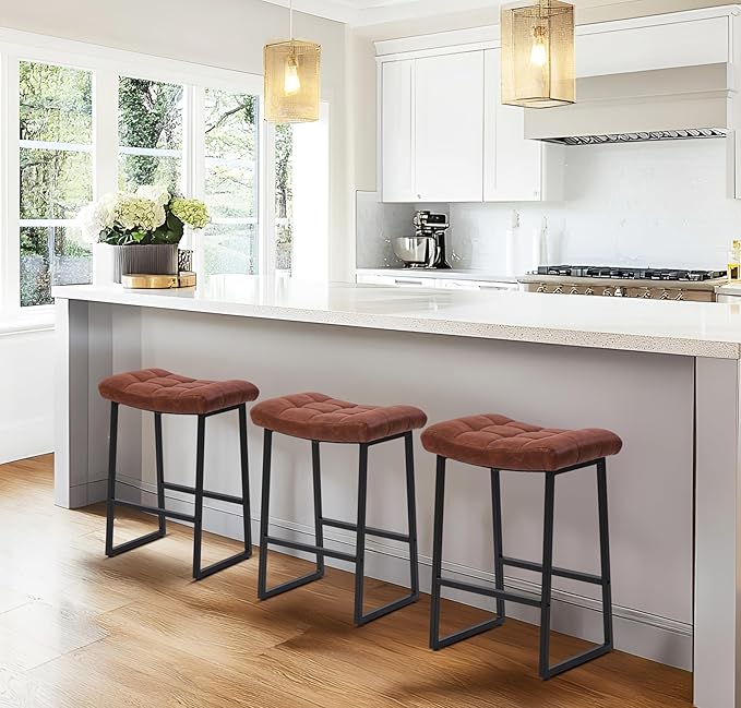 Modern Bar Stools Set of 2 for Kitchen Counter 24 inch Counter Height Backless Barstools with Upholstered Faux Leather Saddle Seat and Metal Frame Industrial Bar Chairs, Brown
