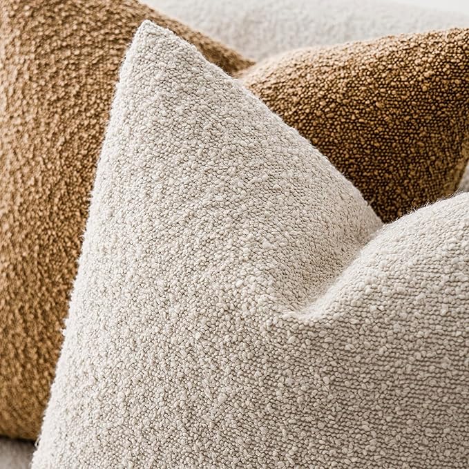Foindtower Set of 2, Decorative Textured Boucle Throw Pillow Covers Accent Solid Pillow Cases Neutral Cozy Couch Cushion Case for Chair Sofa Bedroom Living Room Home Decor 24 x 24 Inch Ivory Beige