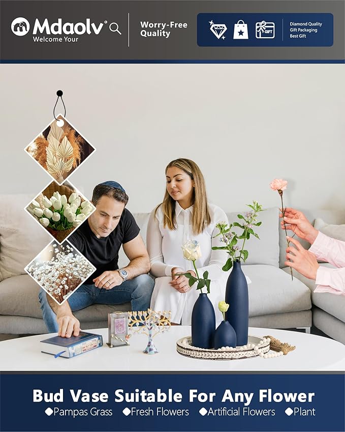 Matte Blue Vase Set Navy Blue Decor Coastal Decor Vases for Kitchen Island Living Room Office Table Fireplace Mantle Decorations & Bathroom Shelf Decor Centerpiece Table Decorations Ceramic