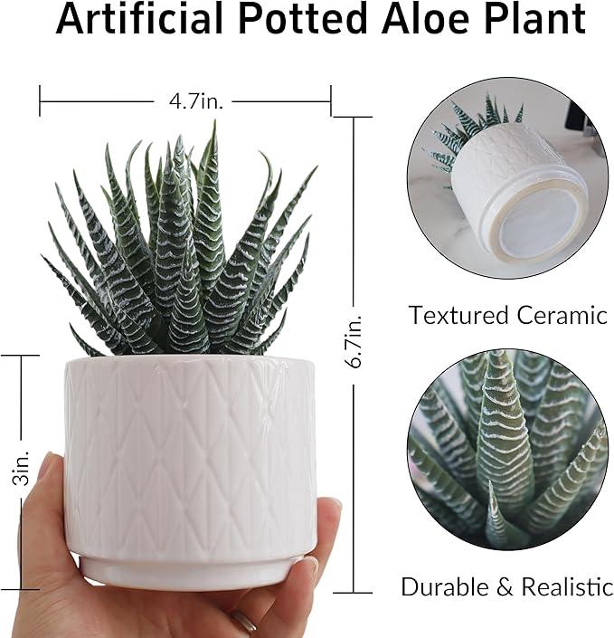 Artificial Succulent in Pot, 6.7'' Small Potted Fake Succulents Realistic Potted Plant for Home Office Desk Bathroom Boho Decoration Faux Mini Aloe Greenery for Shelf Aesthetic Decor Table Accessories
