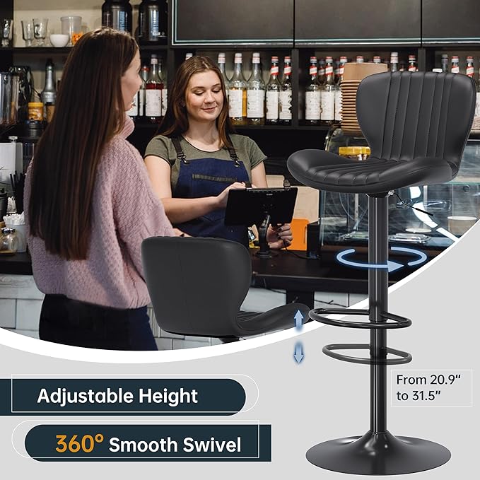SUNLEI Adjustable Height Bar Stool, Swivel Bar Stools Set, Barstools Counter Height, bar stools Adjustable for Kitchen Counter, Island, Dining Room Black, Set of 2