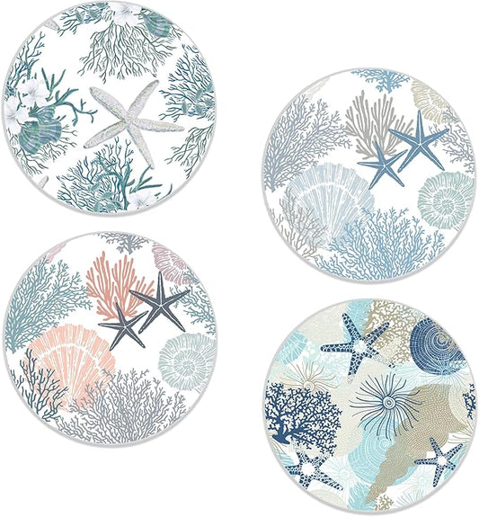 Seashell Coasters Set of 4, Starfish Beach Theme Round 4" Cup Coasters with Cork Base, Absorbent Ceramic Stone Coaster for Table Home Décor, Ideal Gifts for Women Men