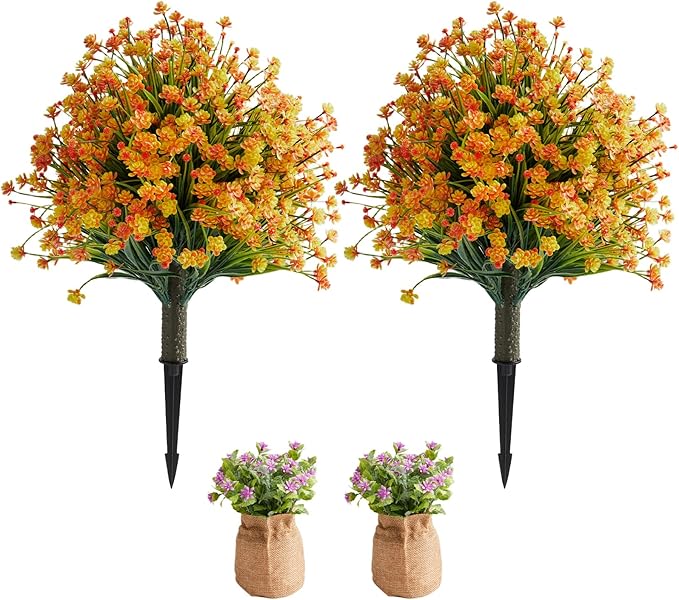 Artificial Allium Grass Stems with Orange-Red Flowers, Set of 2 Faux Allium Ornamental with Metal Spike, UV Resistant Realistic Faux Shrubs for Garden, Yard, Patio, Porch Outdoor Decor
