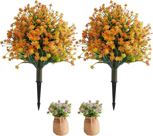 Artificial Allium Grass Stems with Orange-Red Flowers, Set of 2 Faux Allium Ornamental with Metal Spike, UV Resistant Realistic Faux Shrubs for Garden, Yard, Patio, Porch Outdoor Decor