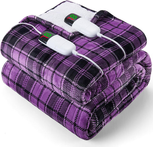 Heated Electric Blanket King Size, 90X100 Heating Blanket King with Dual Control&10 Heats Levels&Timer for Bed,Large Purple Plaid Sherpa Blankets Warmer Gifts for Grandma Women Adults, Washable,ETL