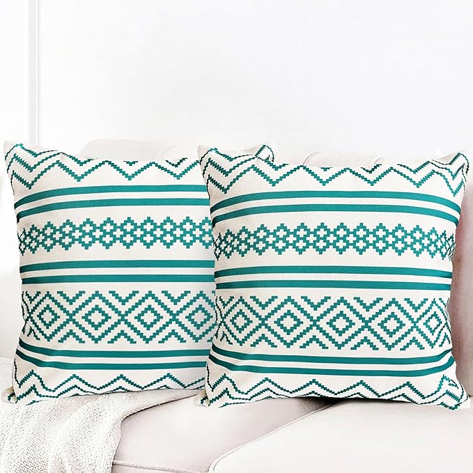 Decorative Throw Pillow Covers Set of 2 Teal Blue Boho Pillow Covers 16x16 Inch Throw Pillow Cover Linen Pillowcase Modern Farmhouse Outdoor Pillow Covers for Couch Sofa Bed Living Room