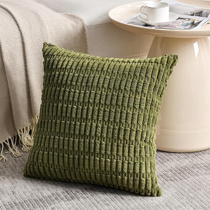 Fancy Homi 2 Packs Boho Moss Green Decorative Throw Pillow Covers 26x26 Inch for Couch Bed Sofa, Rustic Modern Farmhouse Home Decor, Soft Plush Corduroy Cute Square Cushion Case 66x66 cm
