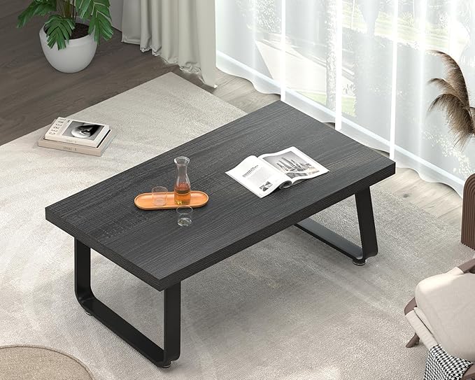 HSH Industrial Grey Coffee Table, Rustic Wood and Metal Living Room Table, Modern Minimalist Rectangle Oak Center Table, Farmhouse Cocktail Tea Table for Home Bedroom Kitchen, Dark Gray Oak, 39 Inch