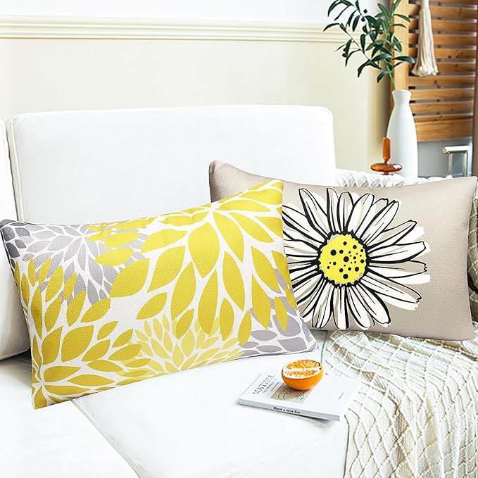 Decorative Throw Pillow Covers Set of 4 Yellow Pillow Covers 12x20 inch Throw Pillow Cases Linen Square Pillow Case,Farmhouse Outdoor Modern Boho Pillow Covers for Couch Sofa Living Room