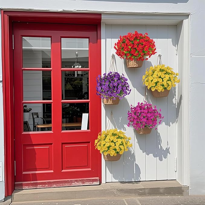 Ouddy Decor 24 Bundles Artificial Flowers for Outdoors Decoration Fake Silk Morning Glory Flowers Faux Eucalyptus Plants UV Resistant for Porch Patio Garden Spring Summer Home Decor, Multicolor