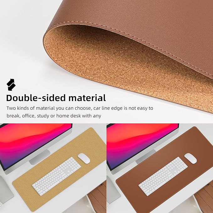 Leather Desk pad Protector, Large Desk mat with Natural Cork & PU Leather,Mouse pad,Non-Slip Office Desk Mat,Waterproof Desk Writing Pad for Office and Home (47in*17in, Brown)