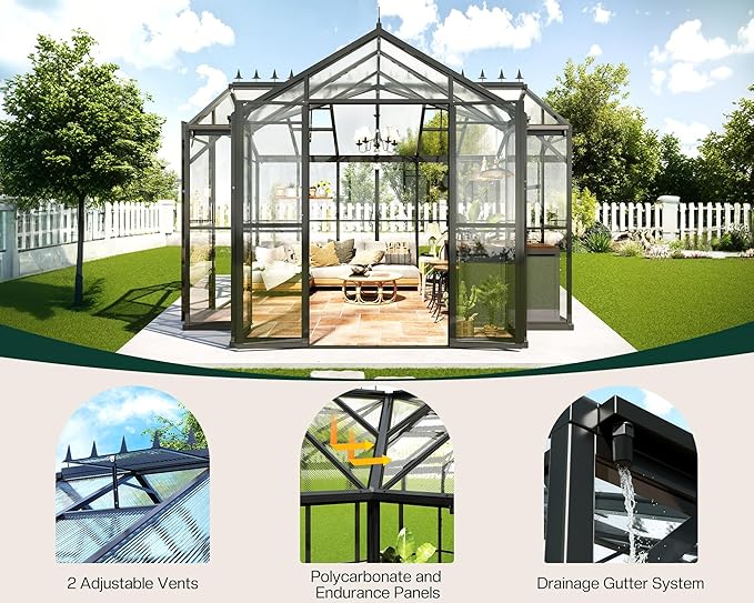 Jocisland 12x10x8 FT Greenhouse for Ourdoors, Quick-Connect Fittings, Aluminum Frame with 2 Vents, 2 Doors, and Walk-in Design for Garden or Backyard, Black